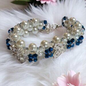 Handcrafted Butterfly & Pearl Beaded Bracelet – Cobalt Blue & Crystal Accents
